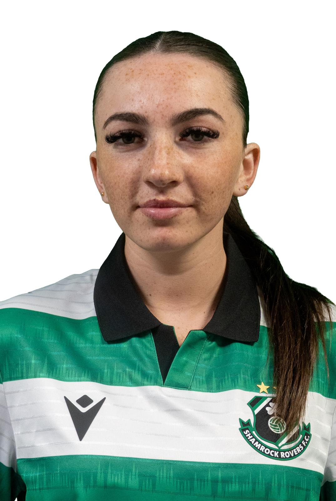 Female Shamrock Rovers footballer in team jersey.