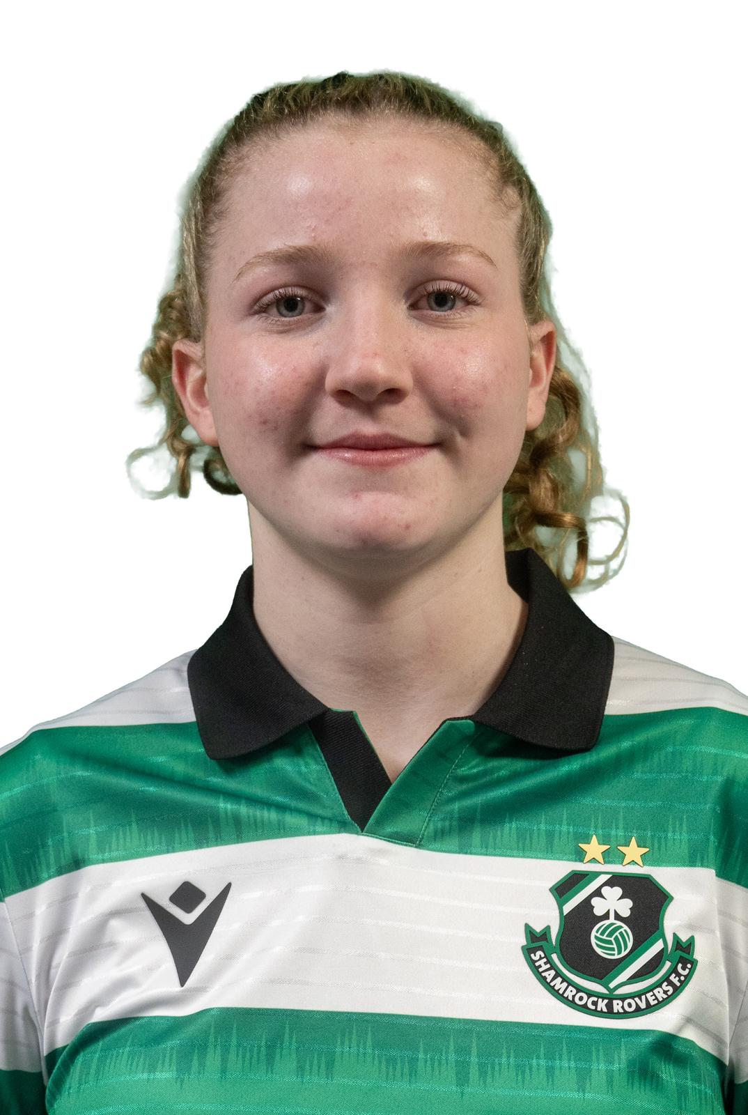 Shamrock Rovers female footballer Keelin Comiskey in team jersey, smiling for the camera.