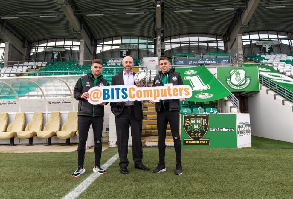 Shamrock Rovers Players, Dylan Watts (left) and Gary O’Neill (right) alongside Gavin Dixon, BITS CEO at the announcement.