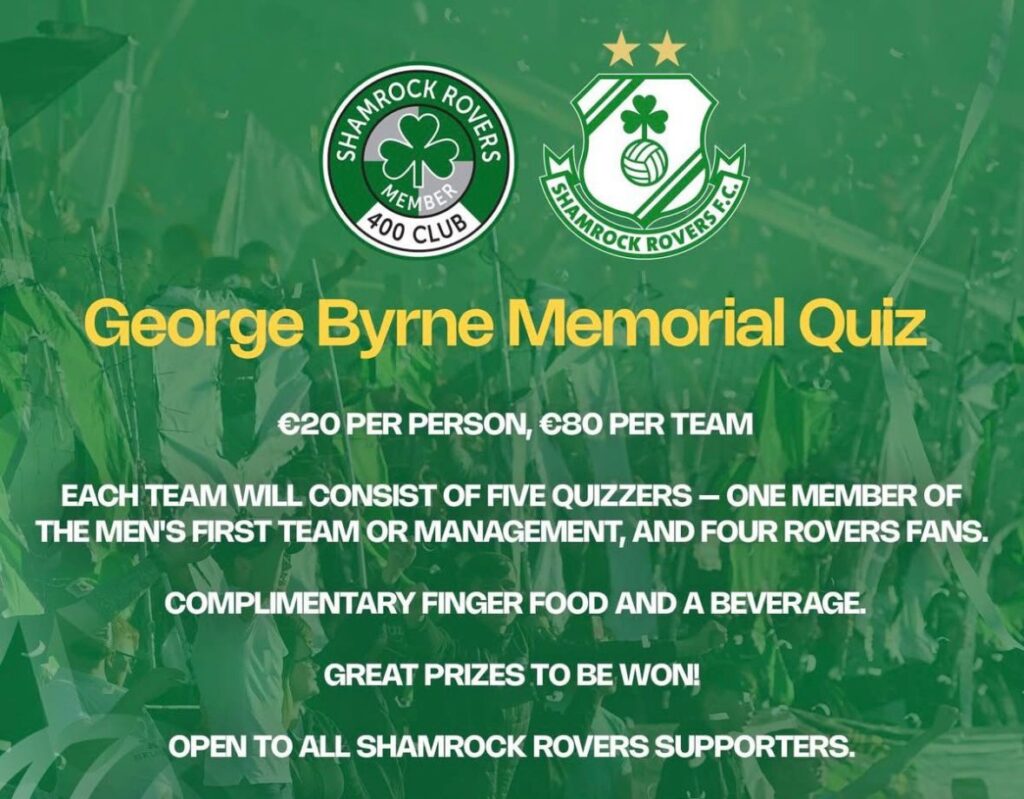 Shamrock Rovers memorabilia and fan event poster for George Byrne Memorial Quiz.