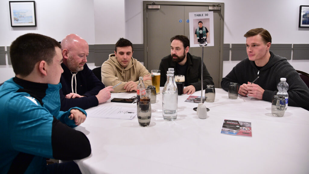 Team meeting at Shamrock Rovers, Irish football club, strategising for upcoming matches.