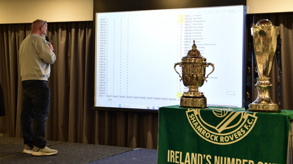 Celebrating Shamrock Rovers' success with trophies and team achievements in Irish football.