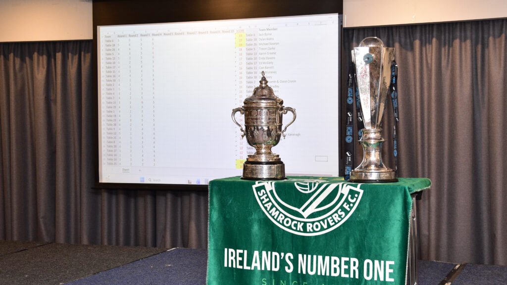 Shamrock Rovers football trophies displayed on a table with club memorabilia.