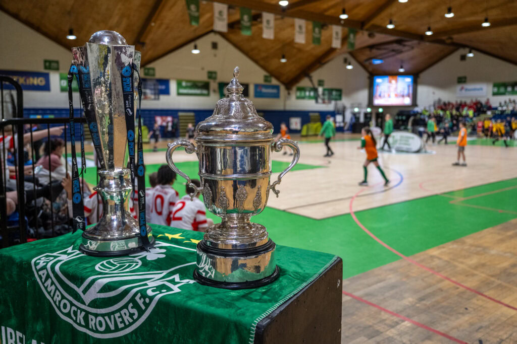 1. Trophy and medals at Shamrock Rovers indoor football match, Dublin, Ireland.