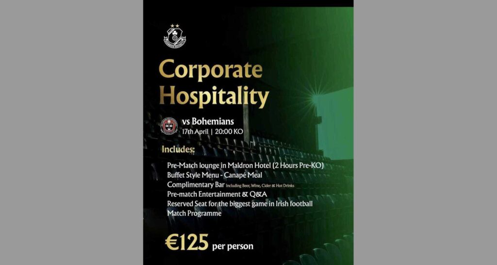 Corporate hospitality event at Shamrock Rovers with match details and amenities.