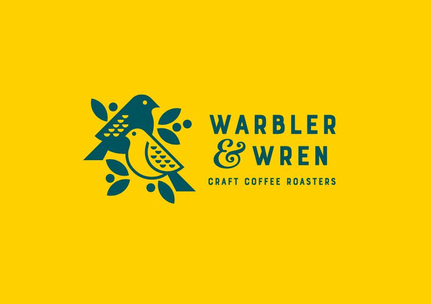 Warbler & Wren craft coffee roasters logo with bird illustration on yellow background.