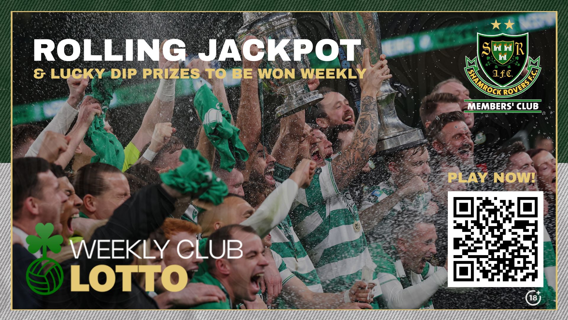Shamrock Rovers fans celebrating with confetti and drinks at the Members Club Lotto event.