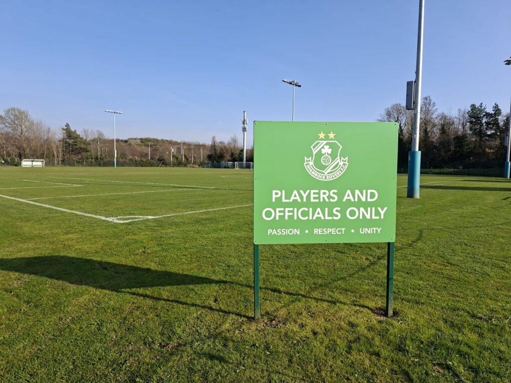 Sign on the Shamrock Rovers football pitch for players and officials only.
