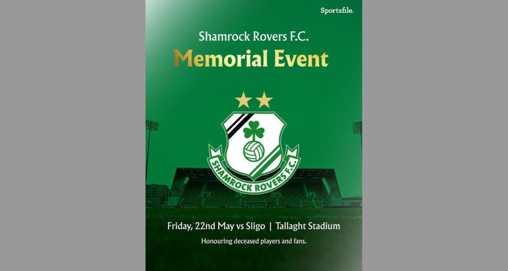 Shamrock Rovers Memorial Event poster with club crest and stadium background.