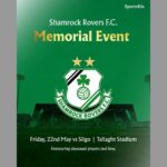 Shamrock Rovers Memorial Event poster with club crest and stadium background.