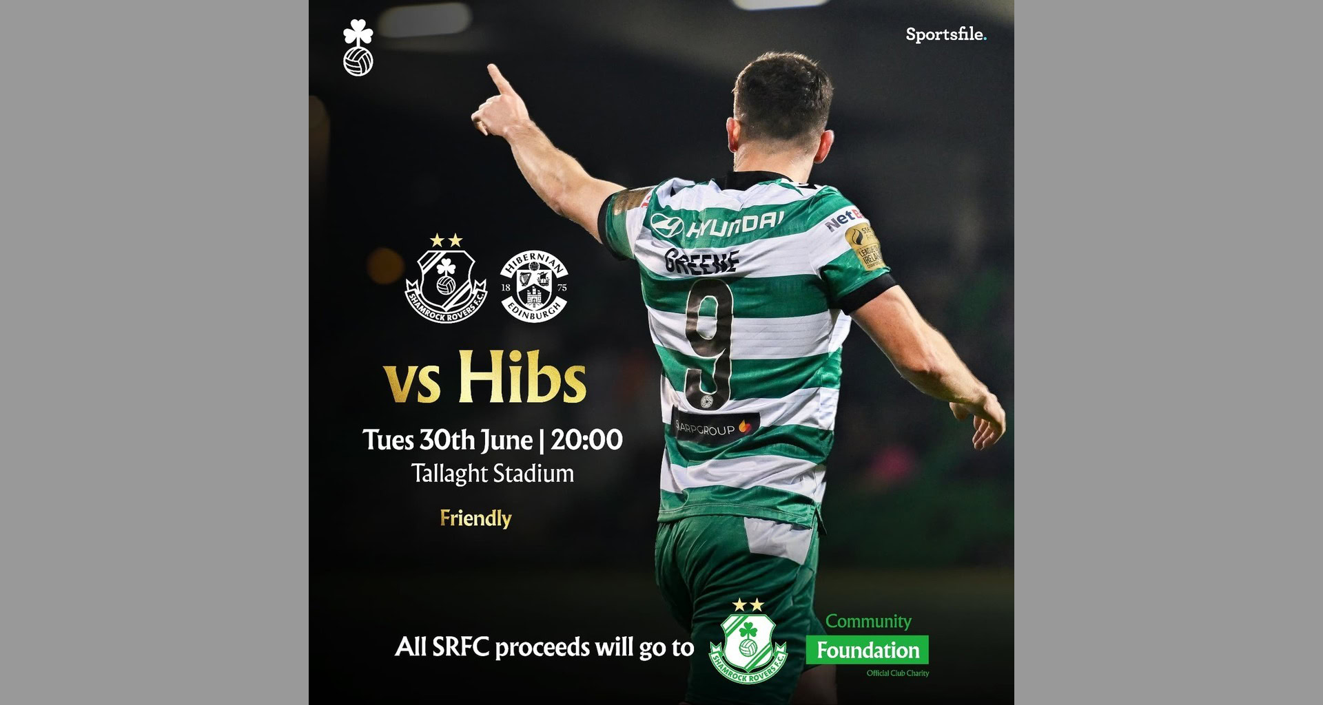 Shamrock Rovers player in green and white kit during friendly match against Hibernian.