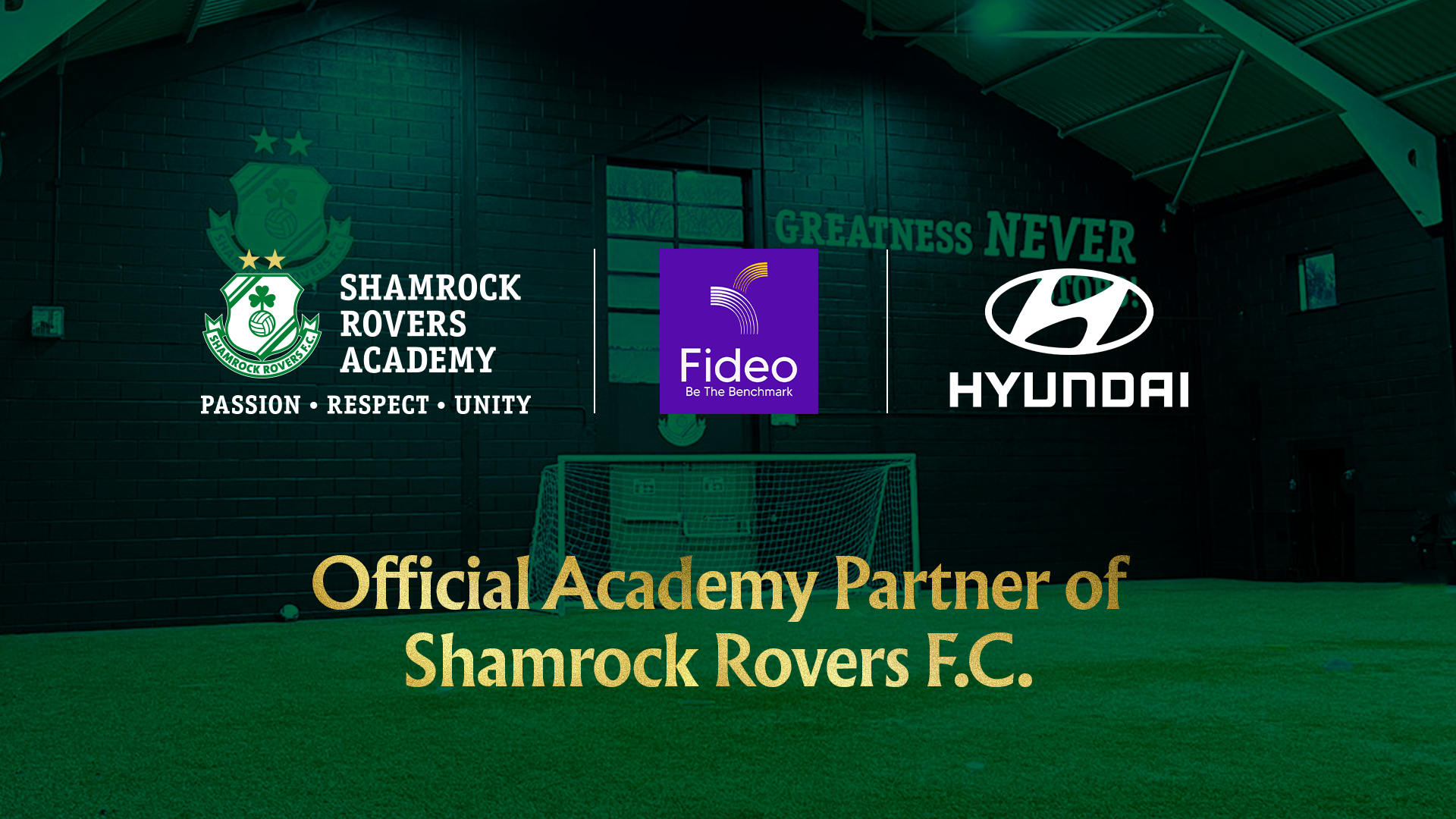 Shamrock Rovers Academy logo with Hyundai and Fideo sponsorship banners.