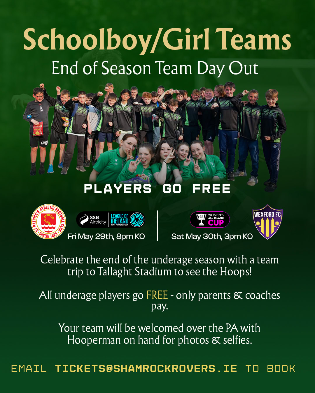 End of Season Schoolboy/Girl Teams Day Out at Shamrock Rovers.
