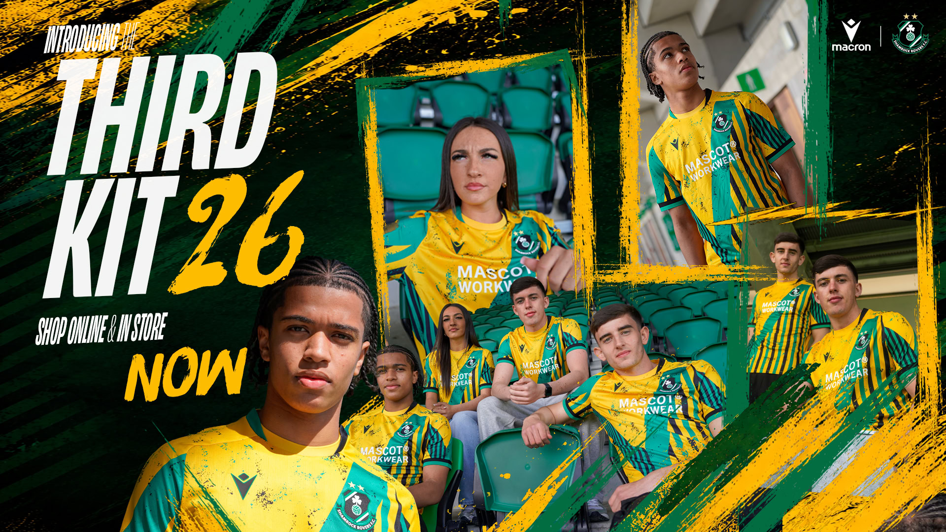 Shamrock Rovers players in the new third kit for 2026, featuring green and yellow design.