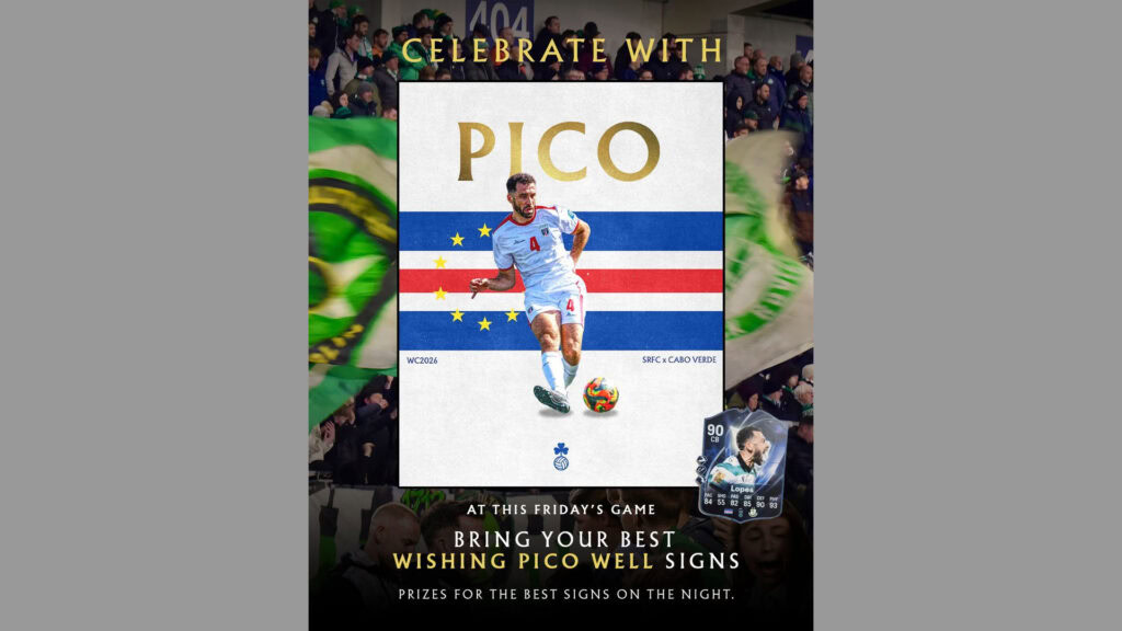 Shamrock Rovers player celebrating with Pico sign at a match.