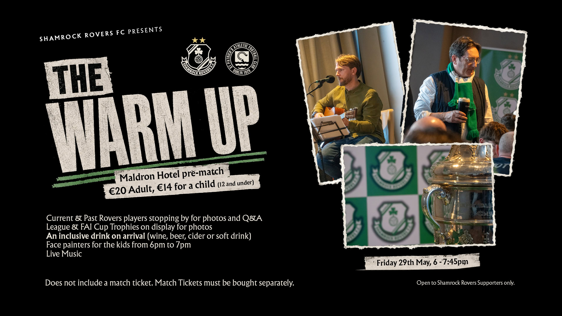 Two men speaking at a Shamrock Rovers FC event, one with a microphone, the other with a drink.