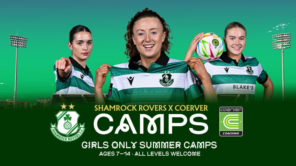 Shamrock Rovers girls soccer players at summer camp, holding jerseys and ball.