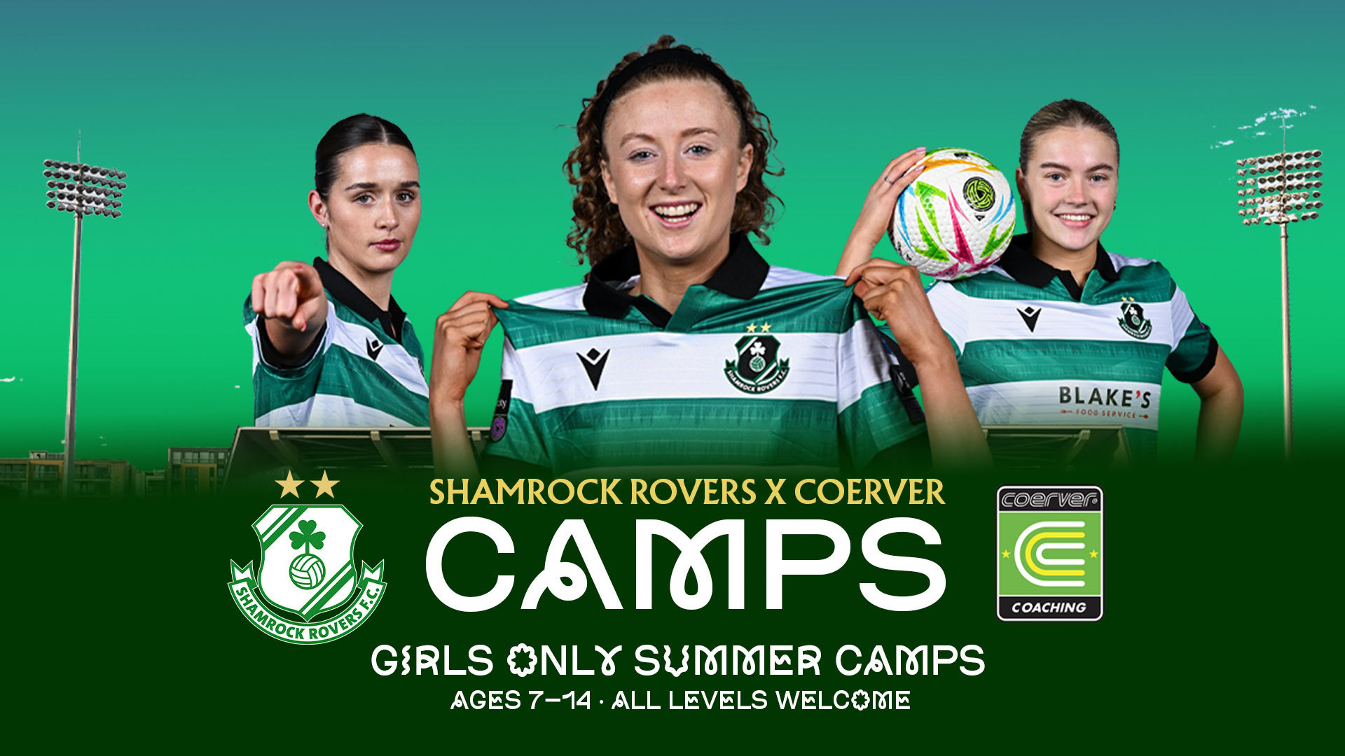 Shamrock Rovers girls soccer players at summer camp, holding jerseys and ball.