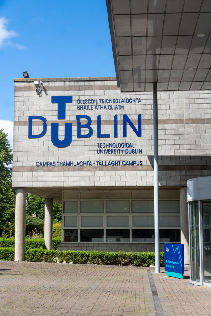 Dublin Technological University campus entrance with signage and modern architecture.
