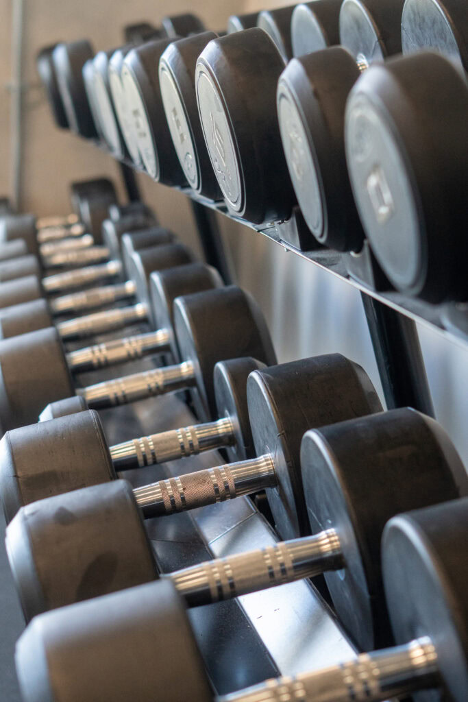 Dumbbells arranged on a rack in a gym for strength training.
