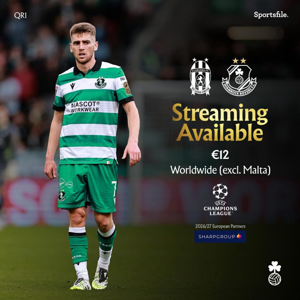 Shamrock Rovers player in green and white kit on the field.