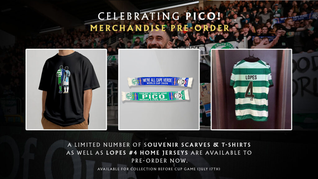 Shamrock Rovers merchandise including T-shirt, scarf, and jersey for Pico pre-order.