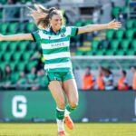 Shamrock Rovers female player celebrating on the field during a match.