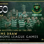 Shamrock Rovers players celebrating at a home league game during the 50/50 Club Draw event.