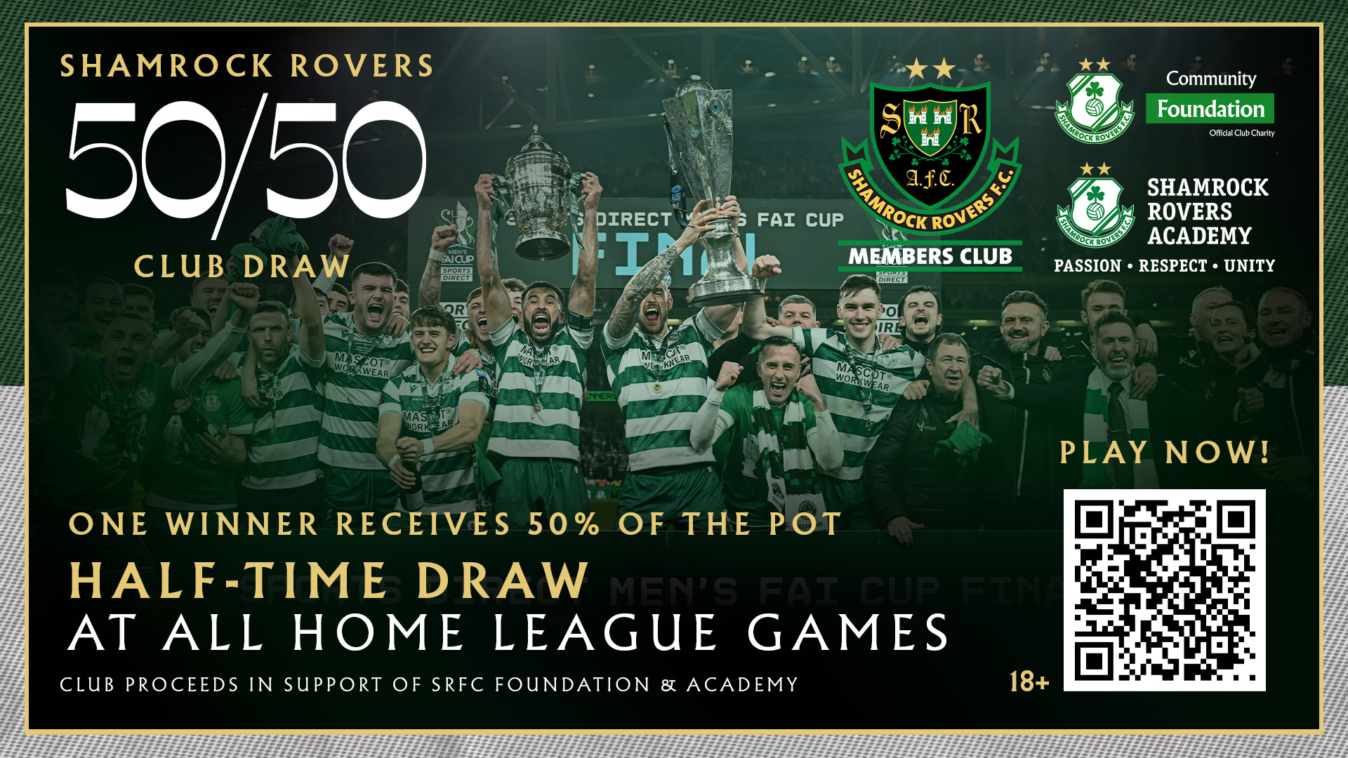 Shamrock Rovers players celebrating at a home league game during the 50/50 Club Draw event.