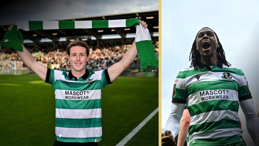Shamrock Rovers player celebrating with scarf in stadium.