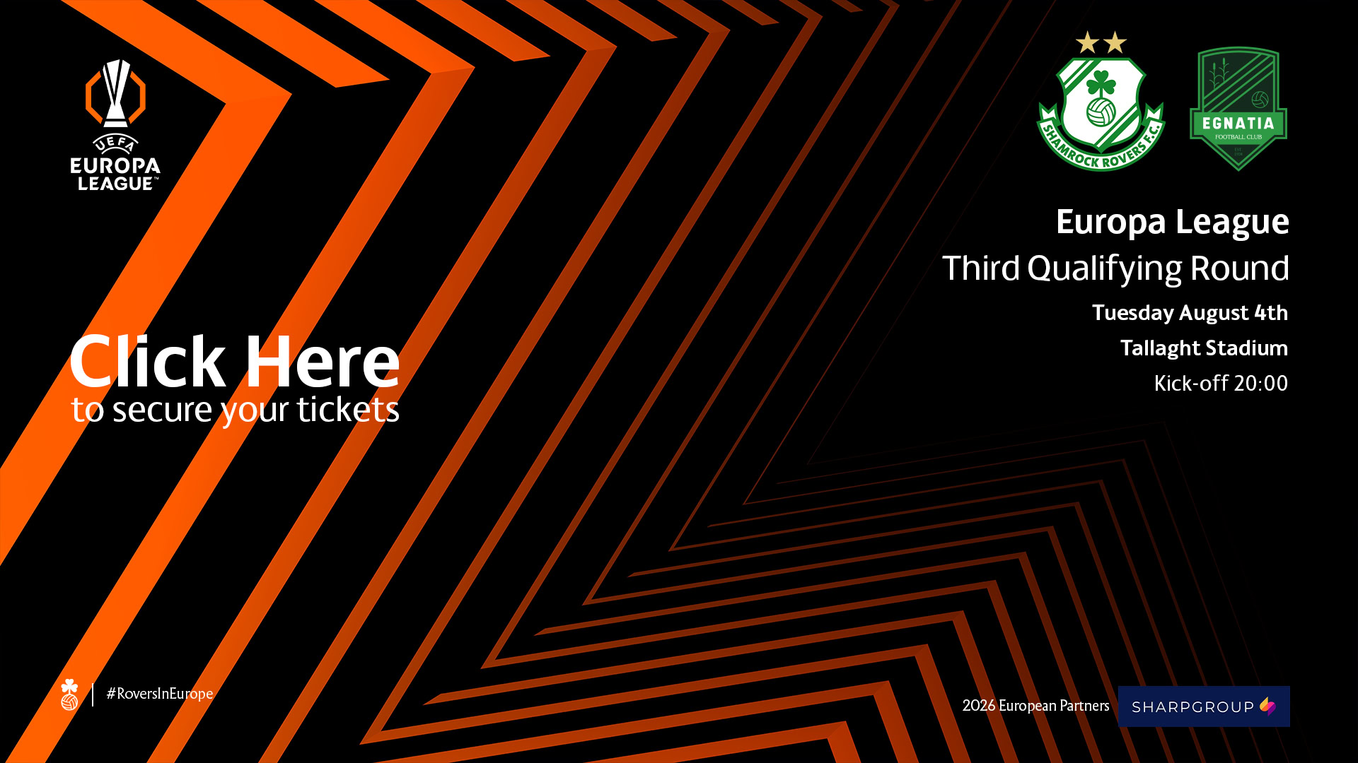Shamrock Rovers logo and Europa League branding at Tallaght Stadium.